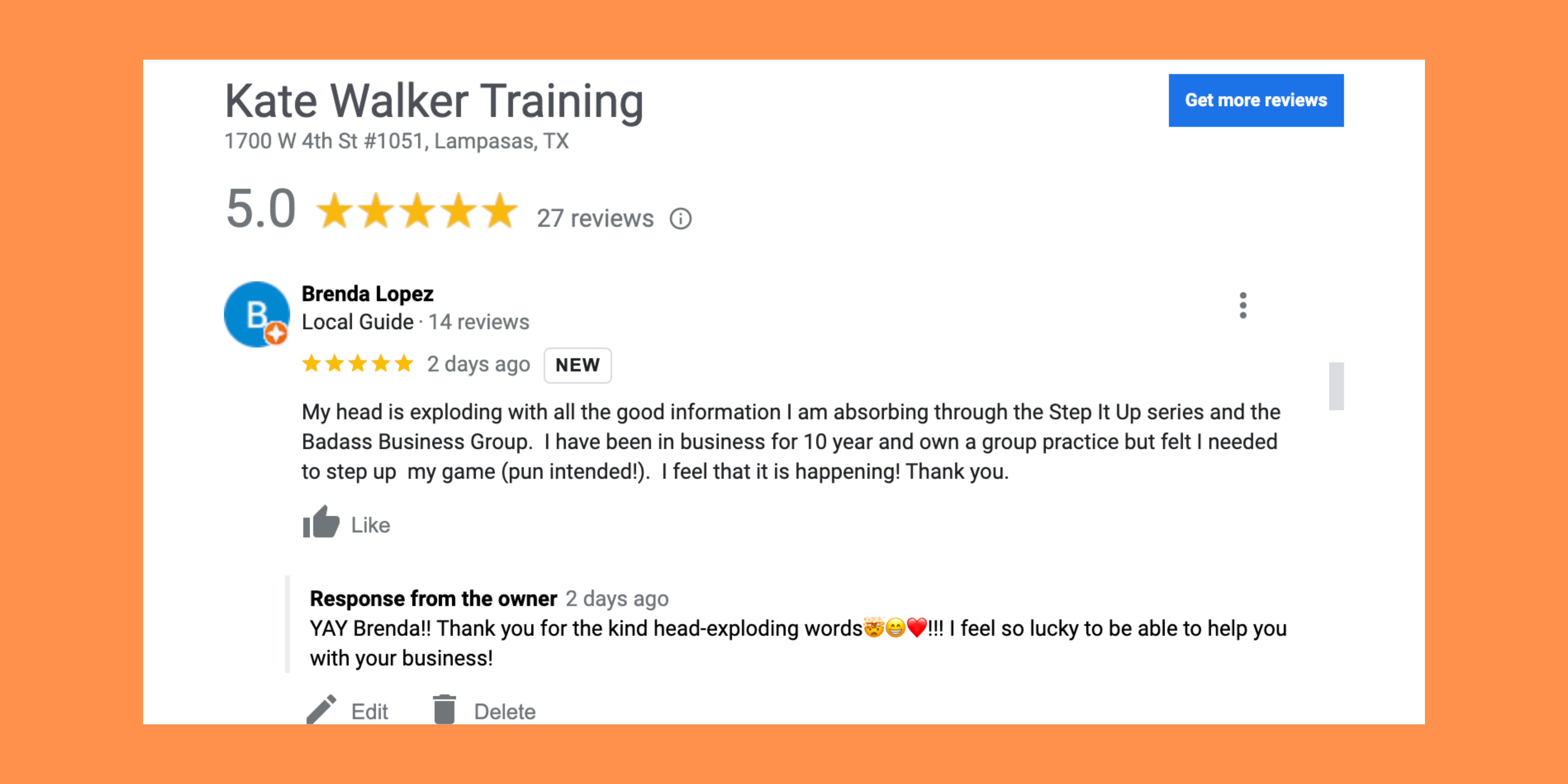 5 Star Testimonial Kate Walker Training